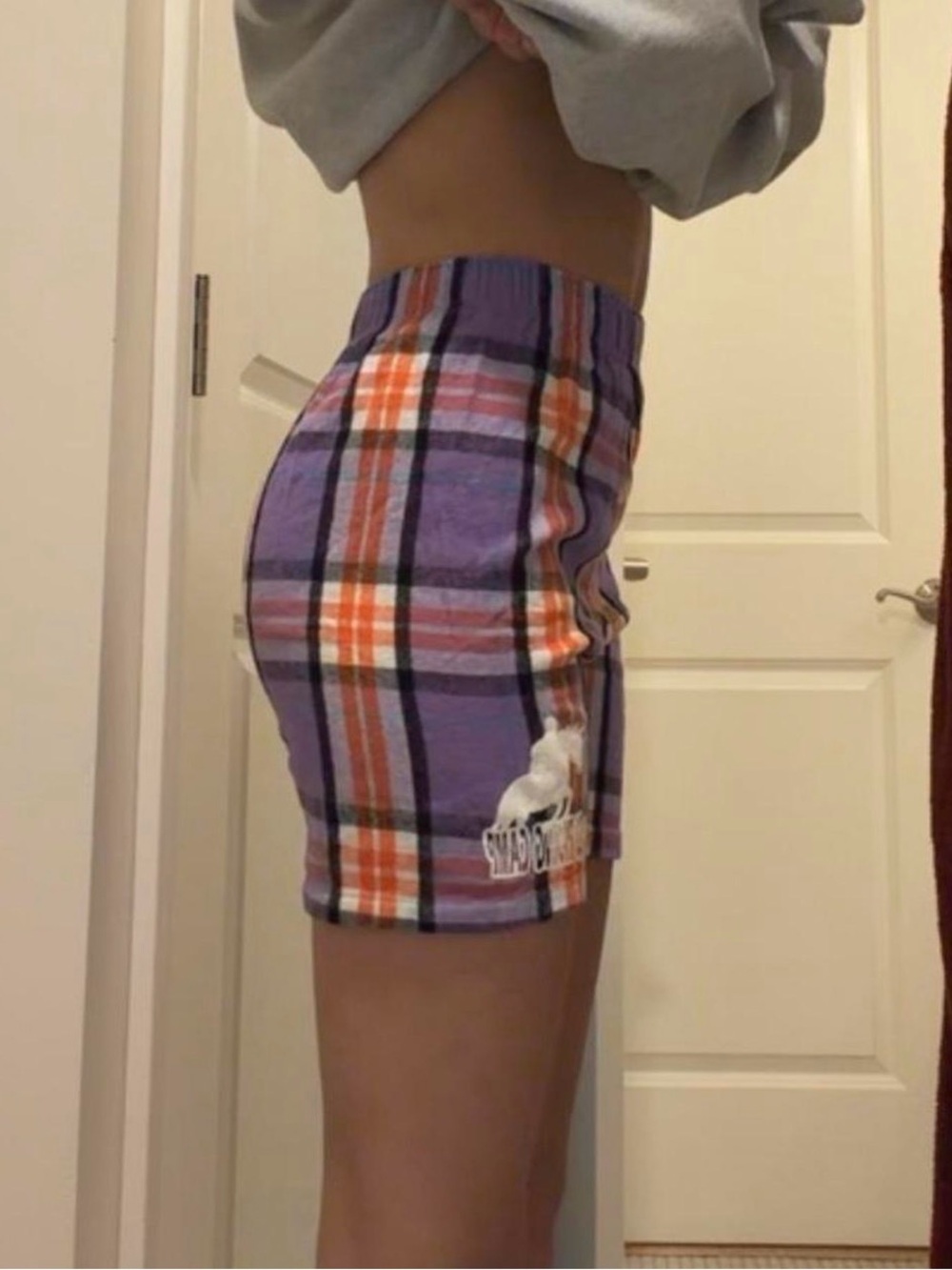 Purple Plaid Womens Shorts with Orange Accents